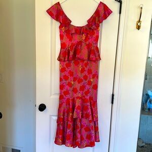 Show Me Your MuMu Red and Yellow Floral Midi Dress
